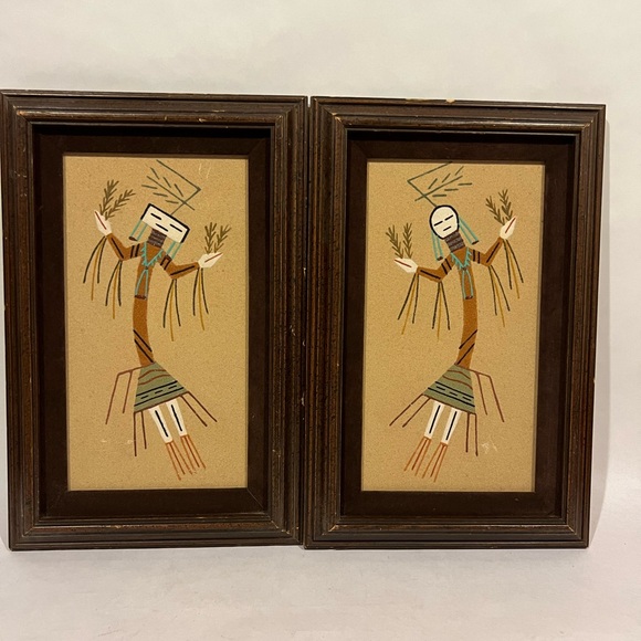 Authentic Navajo Indian Sand Art Painting Framed Lot Of 2 Rainbow Yei By Keedah - Picture 1 of 15